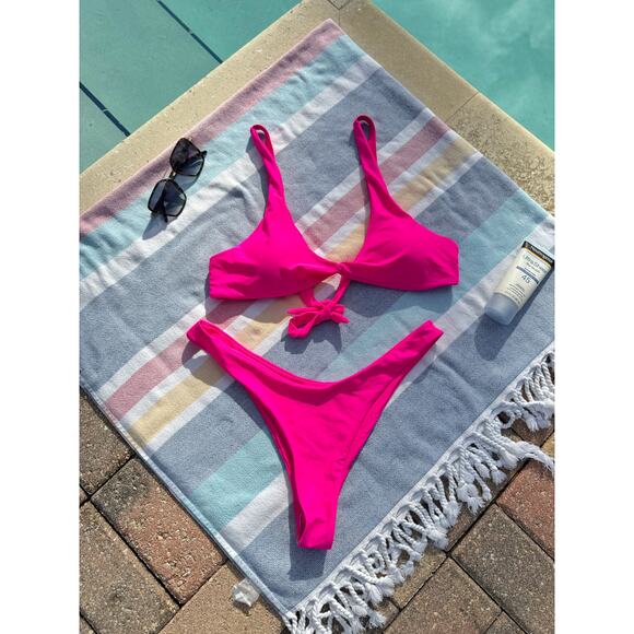 NWOT, Brand Unknown, Hot Pink Bikini Set, Tie Front Top & High Cut Bottom Sz XL - Picture 1 of 14